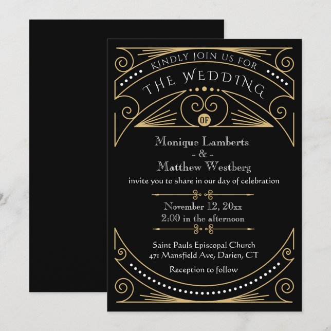 Art Deco Black & Gold Wedding Invitation (Front/Back)
