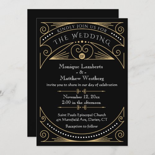 Art Deco Black  Gold Wedding Invitation