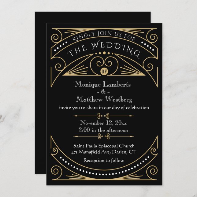 Art Deco Black & Gold Wedding Invitation (Front/Back)