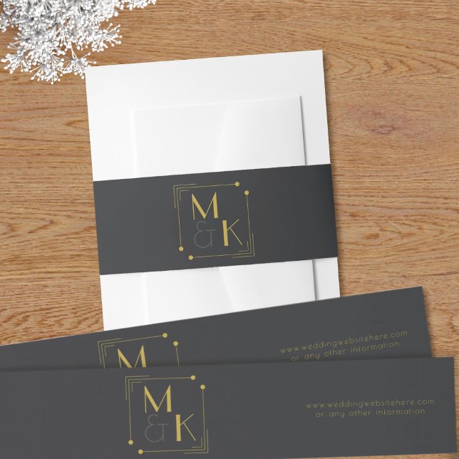 Art Deco Black Gold Wedding Invitation Belly Band (Just add your initials and wedding website to this 1920s black and gold art deco style belly bands)