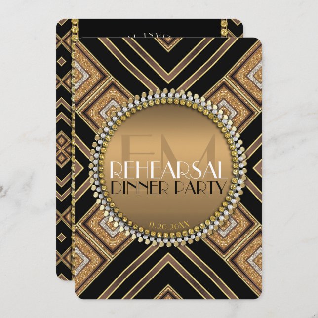 Art Deco Black Gold Wedding Rehearsal Dinner Party Invitation (Front/Back)