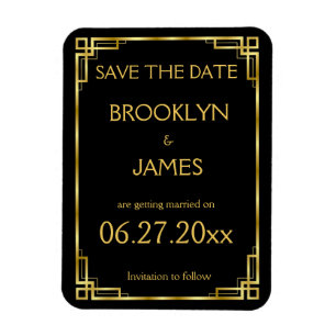 Art Deco Black Gold Wedding Save The Date Magnet