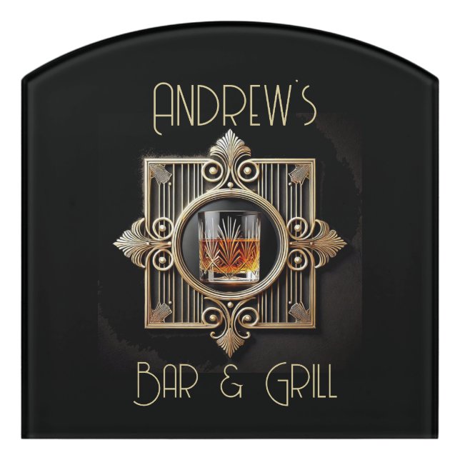 Art Deco, Black & Gold  Whiskey Logo Bar & Grill Door Sign (Contour Front)