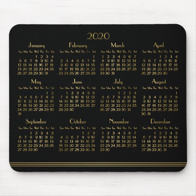 Art Deco Black Gold Yearly Calendar 2020 Mousepad (Front)