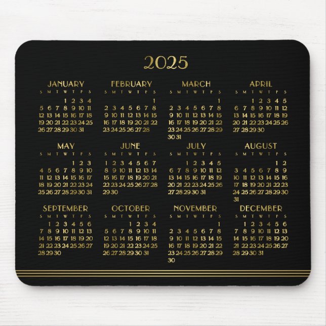 Art Deco Black Gold Yearly Calendar 2025 Mouse Pad (Front)