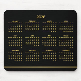 Art Deco Black Gold Yearly Calendar 2026 Mouse Pad