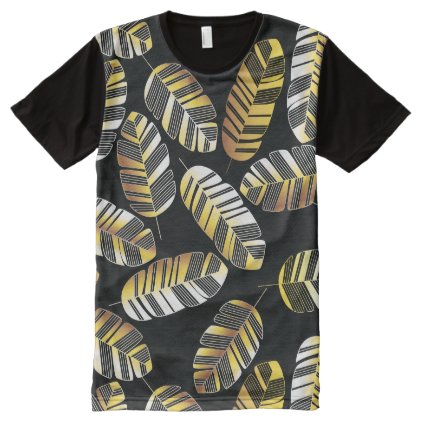 Art Deco Black Golden Feather Leaf pattern All-Over-Print T-Shirt