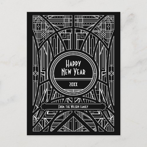 Art deco black Happy New Year Postcard