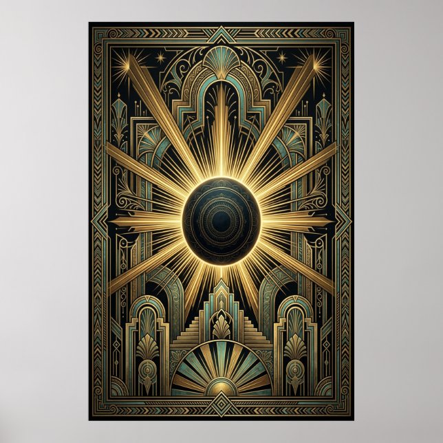 Art Deco Black Hole Celestial Poster | Gold Teal  (Front)