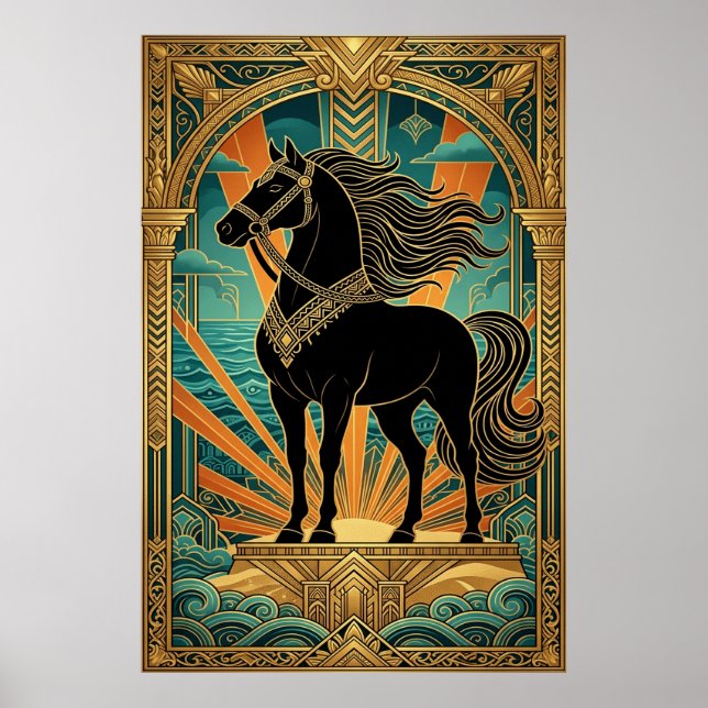 Art Deco Black Horse Statue Sunburst Teal Gold Poster (Front)