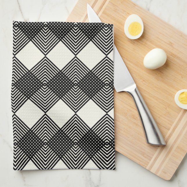 Art Deco Black Off White Diamonds Circuit Pattern Kitchen Towel (Quarter Fold)