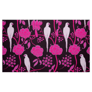 ART DECO BLACK PINK FUCHSIA FLOWERS,WHITE PARROTS FABRIC