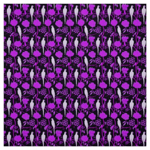 ART DECO BLACK PURPLE FLOWERS,WHITE PARROTS FABRIC