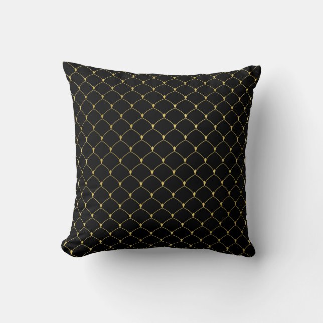 Art Deco Black Quatrefoil Gold Scales Mermaid Throw Pillow (Front)