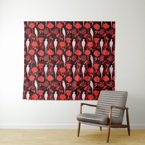 ART DECO BLACK RED FLOWERSWHITE PARROTS Floral Tapestry