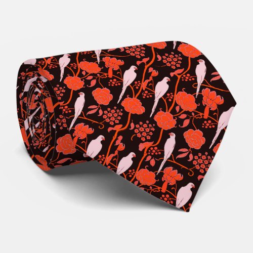 ART DECO BLACK RED  FLOWERS WITH WHITE PARROTS NECK TIE