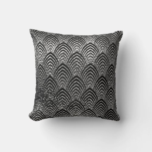 Art Deco Black Silber Metallic Geometric Scales Throw Pillow