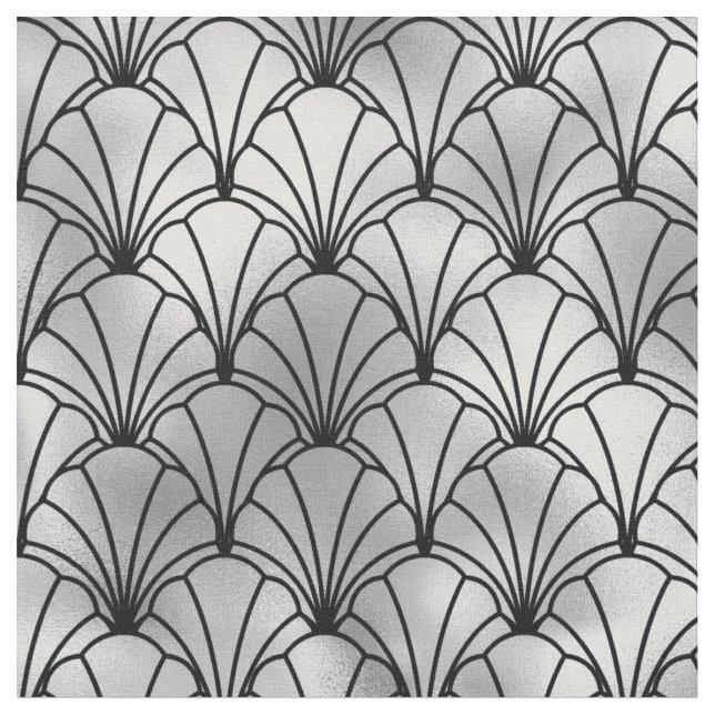Art Deco Black Silver Fan Shell Fabric (Close Up)