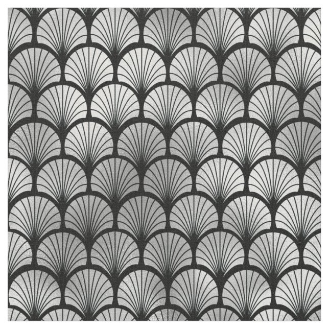 Art Deco Black Silver Fish Scales Fan Fabric (Close Up)