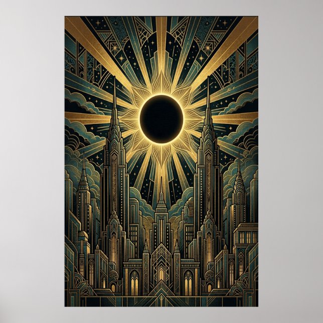 Art Deco Black Sun Cityscape Poster | Gold Teal (Front)