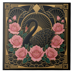 Art Deco Black Swan and Pink Roses Ceramic Tile