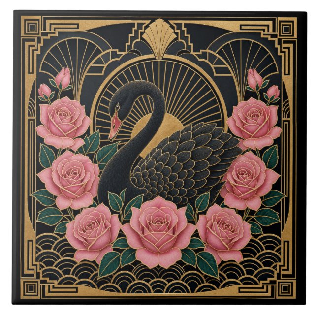 Art Deco Black Swan and Pink Roses Ceramic Tile (Front)