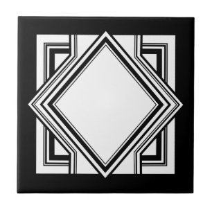 Art Deco Black White Chic Geometric Square 05 Ceramic Tile