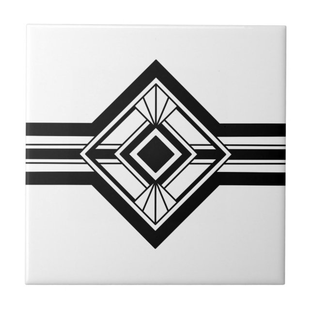 Art Deco Black White Elegant Geometric Border Ceramic Tile (Front)