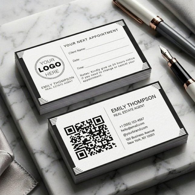 Art Deco Black White QR Code Logo Professional Appointment Card (Minimalist Art Deco Real Estate Business Card | QR Code & Appointment Design)
