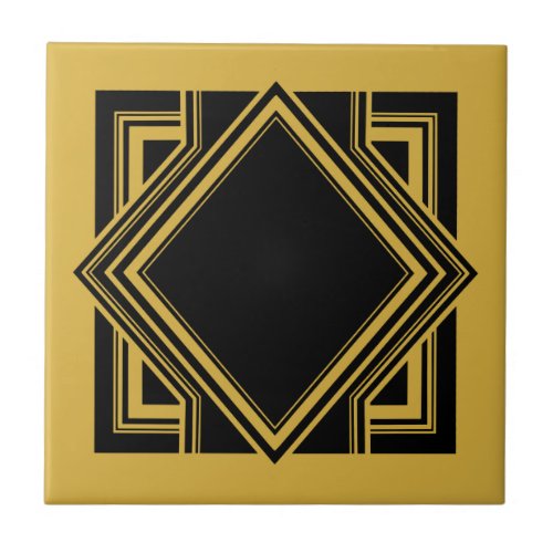 Art Deco Black Yellow Geometric Square Element 05 Ceramic Tile