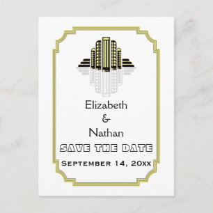 Art Deco black yellow wedding Save the Date Announcement Postcard