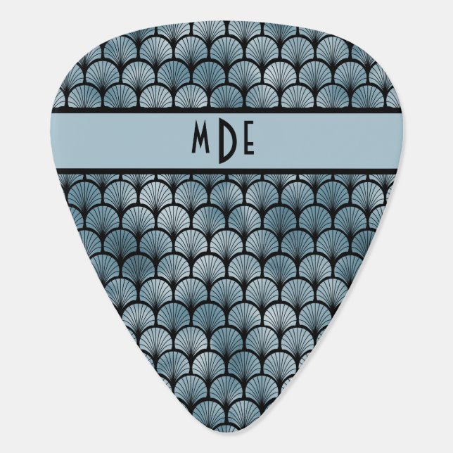 Art Deco Blue and Black Fans Monogrammed  Guitar Pick (Back)