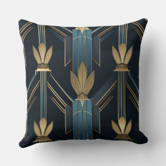Art Deco Blue and Golden Patterns Throw Pillow