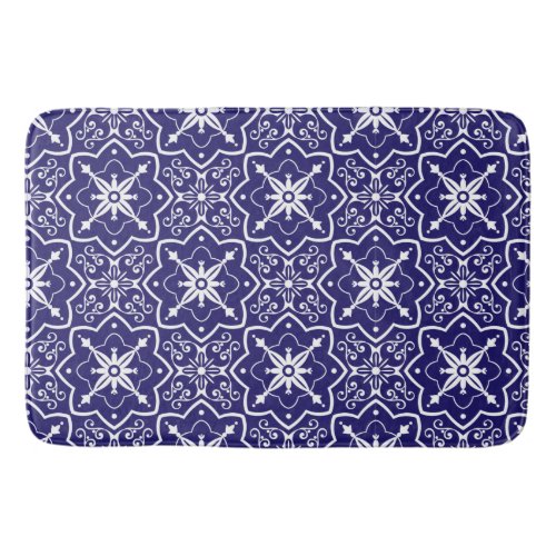 Art Deco Blue and White Abstract Tiled Pattern Bath Mat