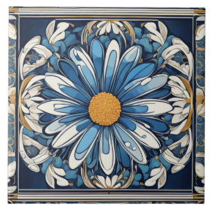 Art Deco Blue and White Daisy Flower Art Nouveau Ceramic Tile
