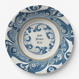 Art-deco blue and white porcelain personalized paper plates