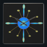 Art Deco Blue/ Aqua/ Gold > Creative Clocks<br><div class="desc">A simplistic creative art deco wall clock. This decreative design has a black background and colors of blue aqua and gold .Available in square shape only</div>