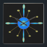 Art Deco Blue/ Aqua/ Gold > Creative Clocks<br><div class="desc">A simplistic creative art deco wall clock. This decreative design has a black background and colors of blue aqua and gold .Available in square shape only</div>