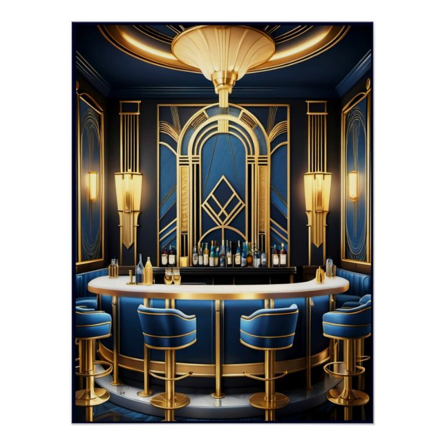 Art Deco Blue Bar Poster. Poster (Front)
