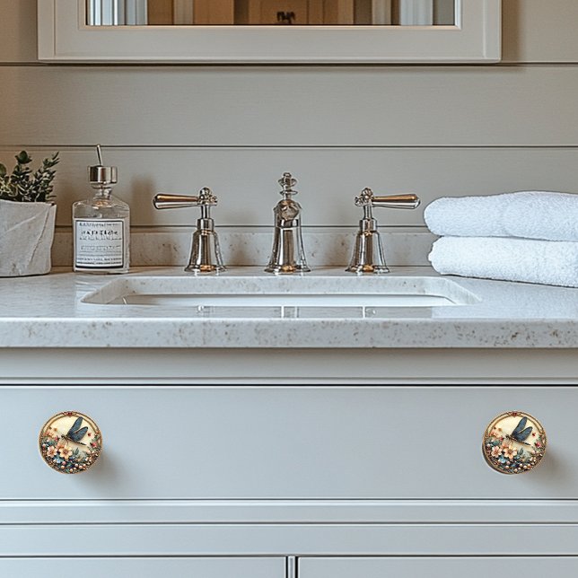 Art Deco Blue Dragonfly Pink Flowers Pearls Ceramic Knob (Creator Uploaded)