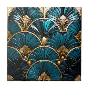 Art Deco Blue Feather Fans and Gold Accents 4.25  Ceramic Tile