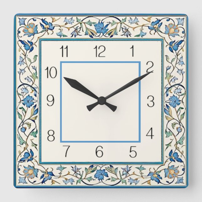 Art Deco Blue Flower Square Wall Clock (Front)