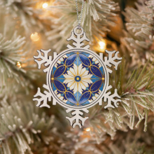 Art Deco Blue Gold Floral Pattern Christmas Decor Snowflake Pewter Christmas Ornament