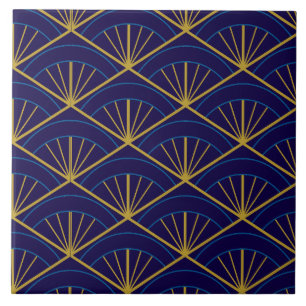 Art Deco Blue Gold Geometric  Ceramic Tile