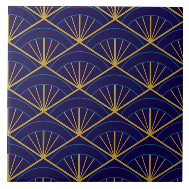 Art Deco Blue Gold Geometric  Ceramic Tile (Front)