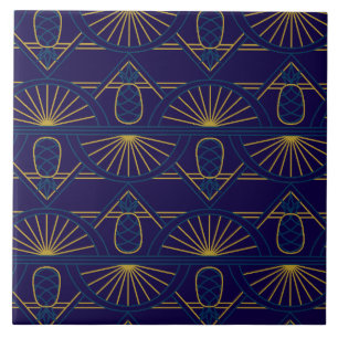 Art Deco Blue Gold Geometric  Ceramic Tile