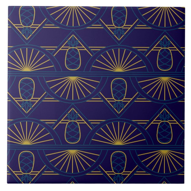 Art Deco Blue Gold Geometric  Ceramic Tile (Front)