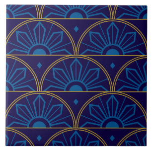 Art Deco Blue Gold Geometric  Ceramic Tile