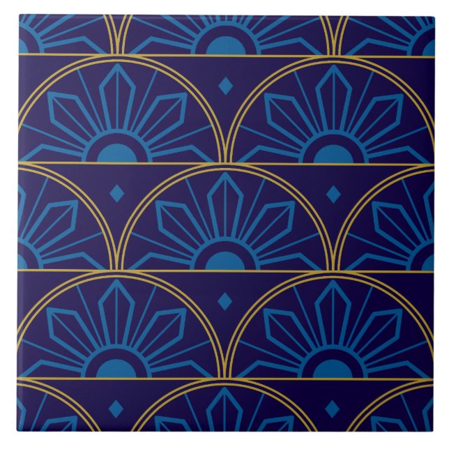 Art Deco Blue Gold Geometric  Ceramic Tile (Front)