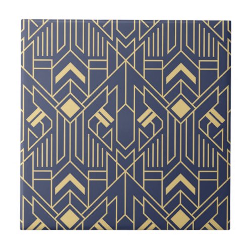 Art Deco Blue Gold Geometric Ceramic Tile